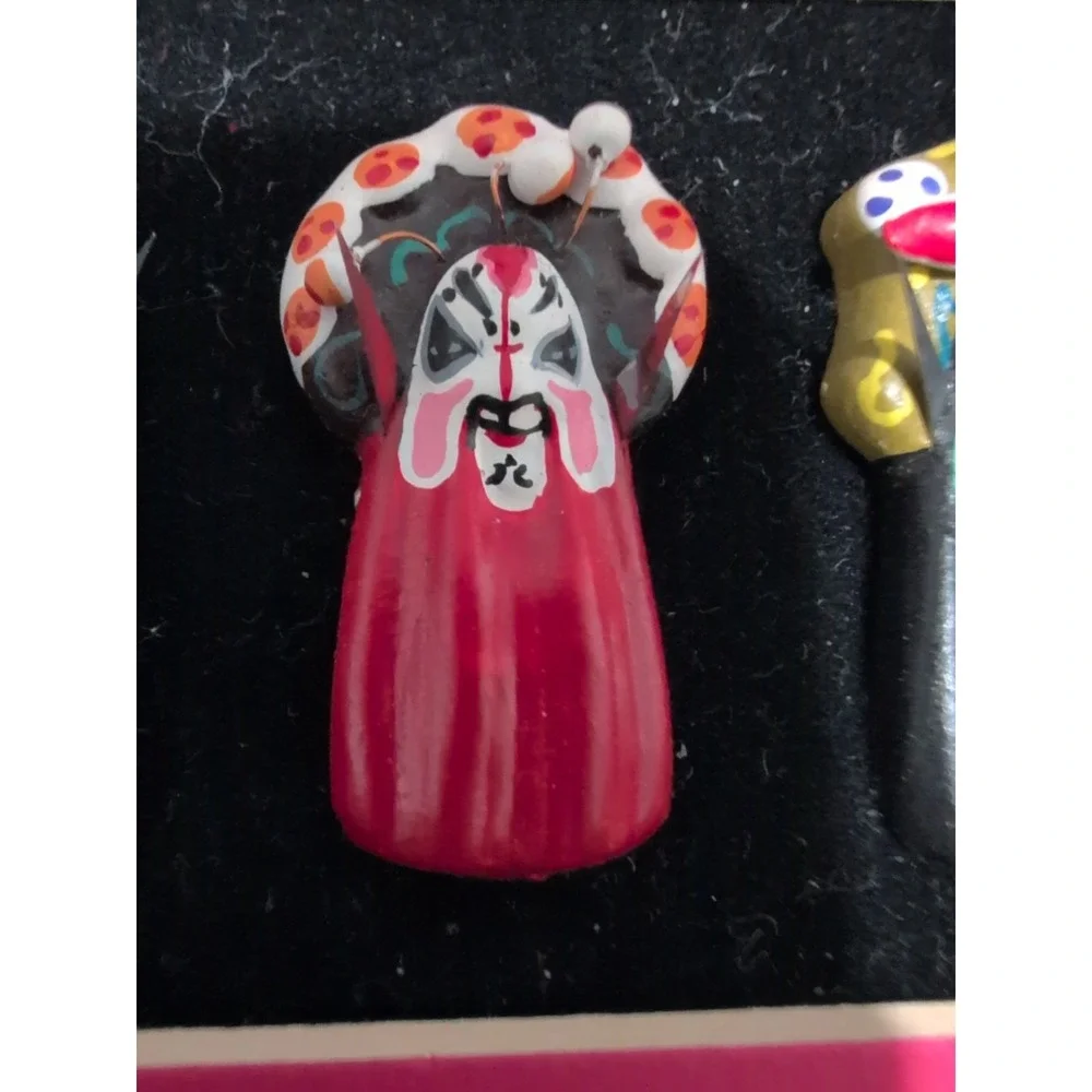 Vintage Asian Opera Mask Mini Figurines – Hand Painted Ceramic, 1.5